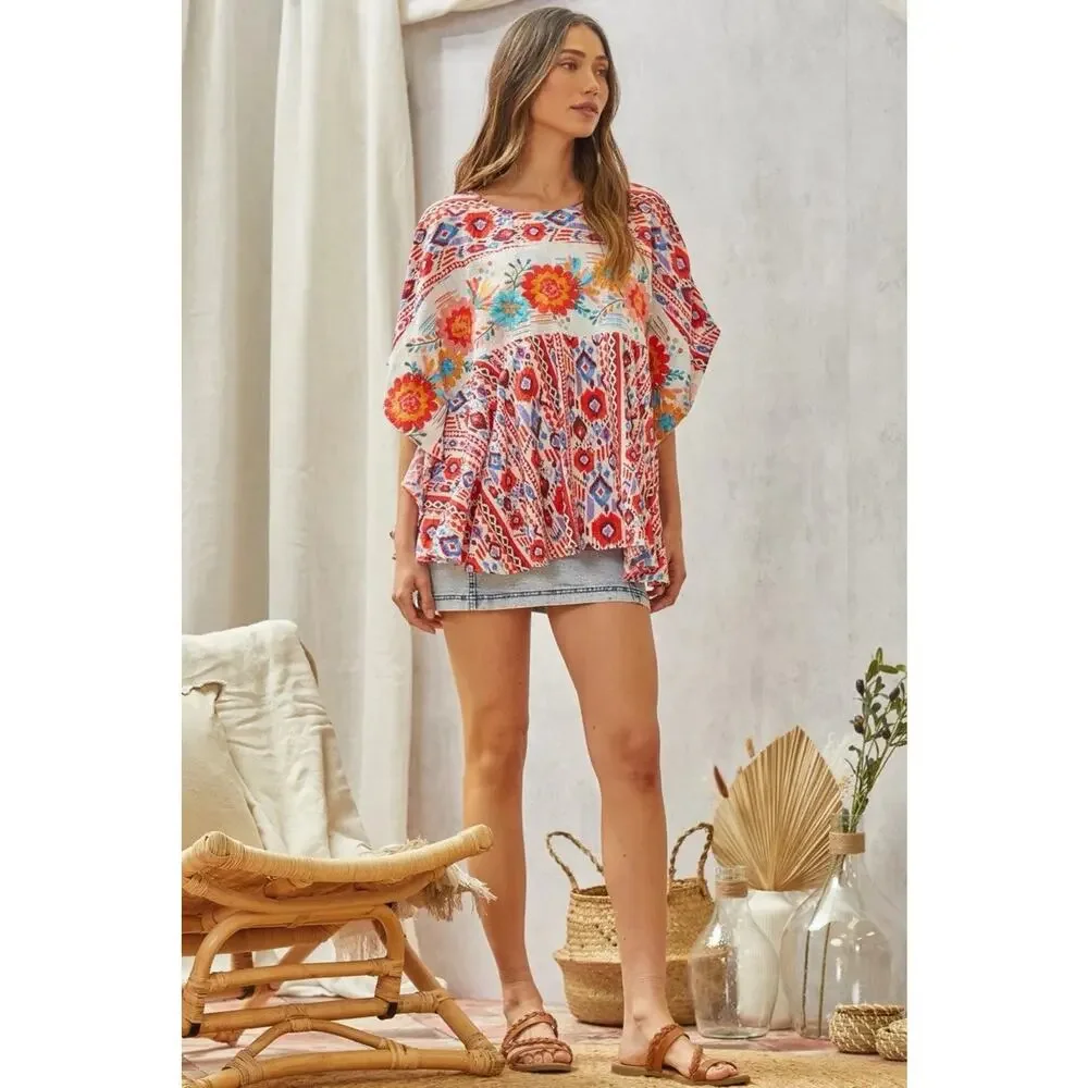 SAVANNA JANE Women's Floral Embroidered Poncho Tunic Top Red Blue Size M/L - Picture 3 of 16